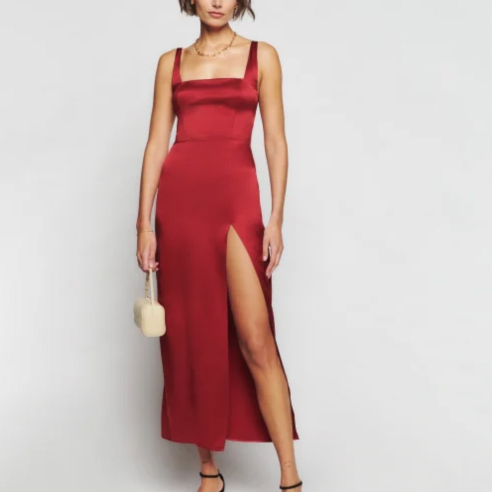 Reformation Solay Silk Red Slit Midi Dress Square Neck Sleeveless